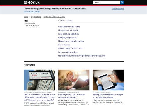 Screenshot of the H M Courts and Tribunals Services website